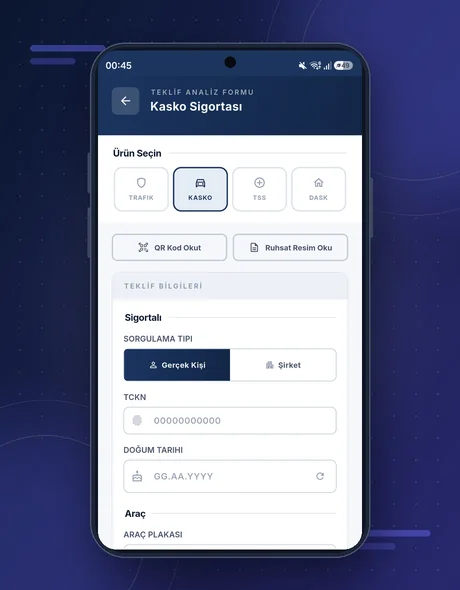 InsureHub mobil uygulama Kasko teklif formu ekranı