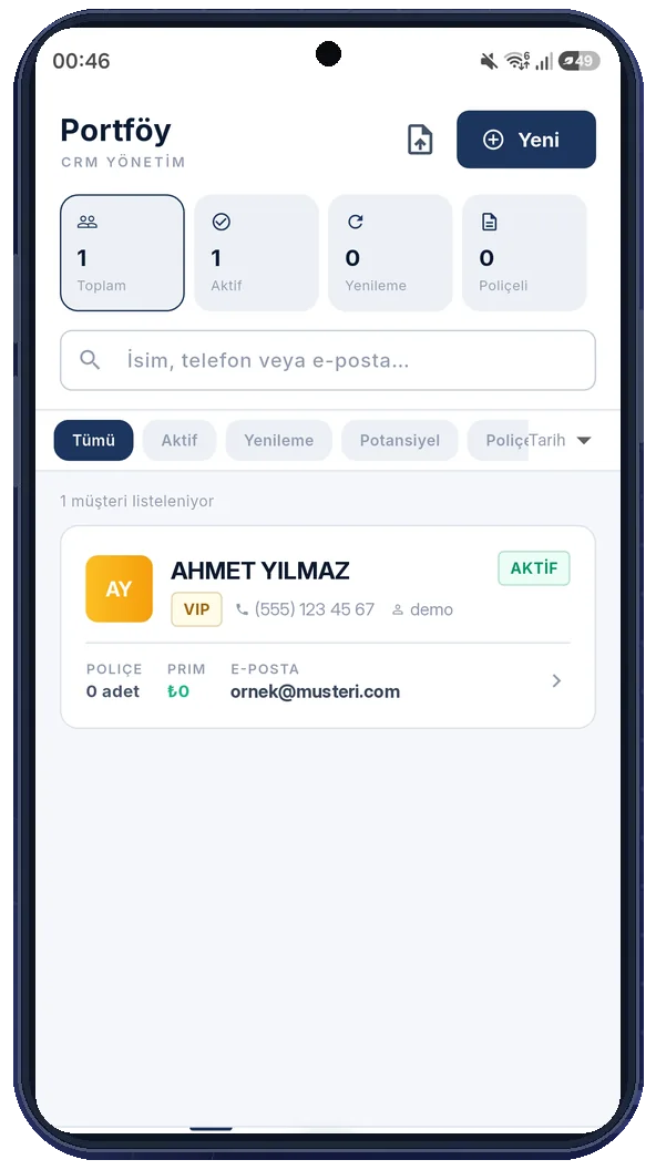 InsureHub acente CRM mobil müşteri ekranı