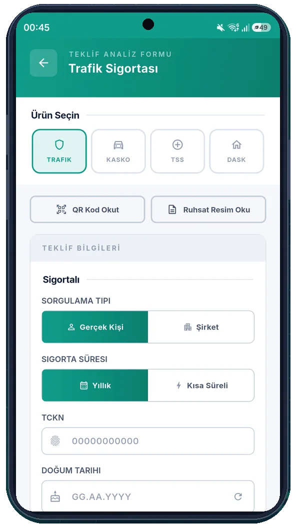 InsureHub mobil sigorta teklif ekranı
