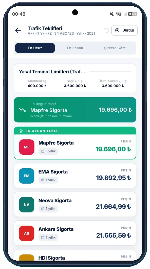 InsureHub trafik sigortası teklif sonuçları ekranı