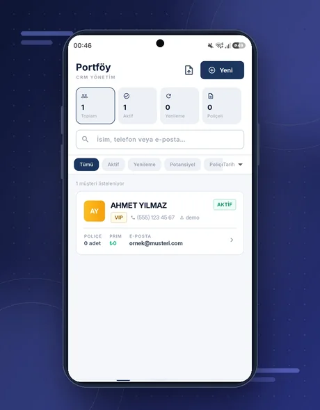 InsureHub mobil uygulama Portföy ekranı