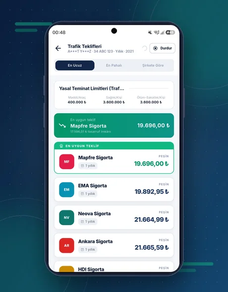 InsureHub mobil uygulama Trafik teklifleri ekranı