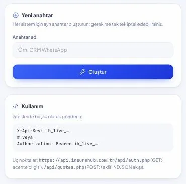 InsureHub API anahtarı oluşturma alanı