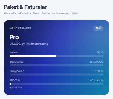 InsureHub Paket ve Faturalar ekranı