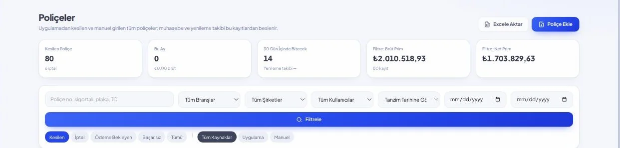 InsureHub Poliçeler ekranı