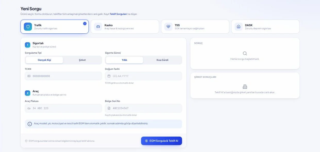 InsureHub Yeni Sorgu ekranı