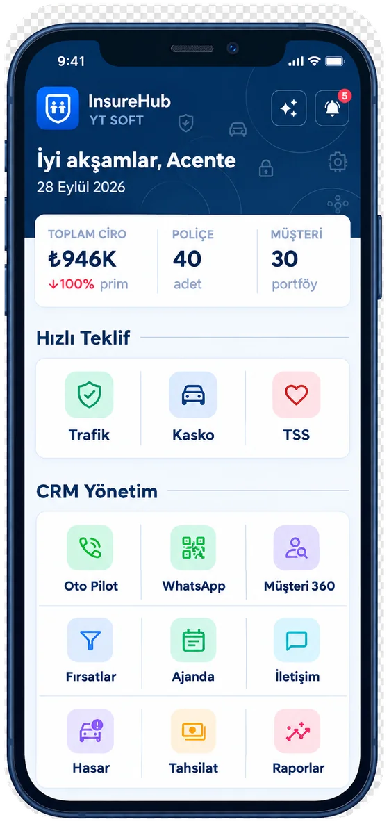 InsureHub mobil sigorta uygulaması ana ekranı